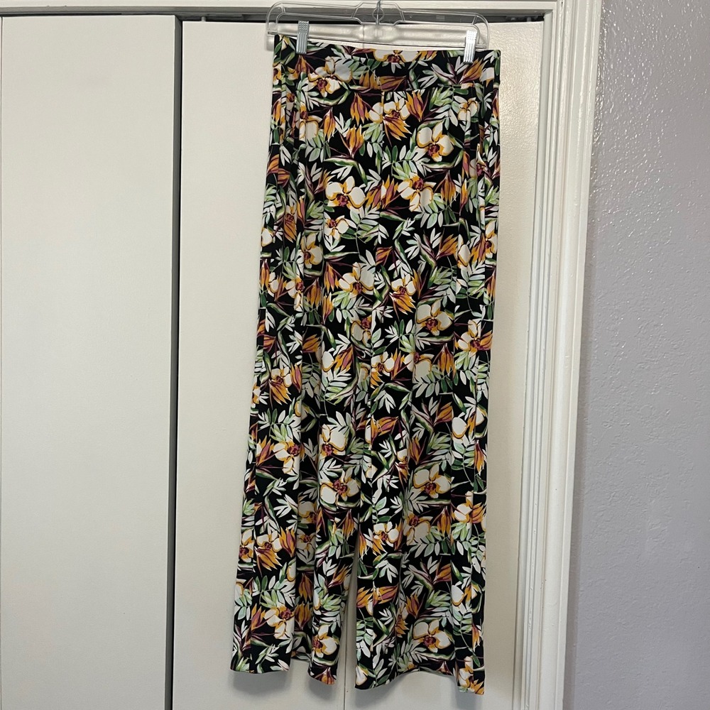 Joan Vass New York Womens Medium Wide Leg Tropical Floral Print Pants Black